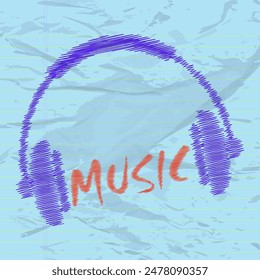 Texto de música con auriculares en estilo garabato sobre fondo de textura azul.