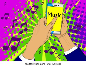 Music text on Smartphone screen. Cartoon vector illustrated mobile phone. Listening to music concept.