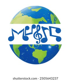 music text with Music sign and earth