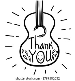 Music Thanks card with guitar and text. Hand draw black graphic illustration on white