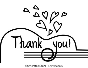 Music Thanks card with guitar and thanks text. Hand draw black graphic illustration isolated on white