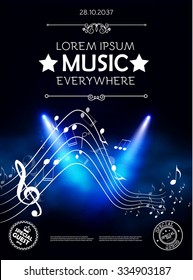 Music, Theater & Show Poster Template with Notes & Spotlights. Vector background