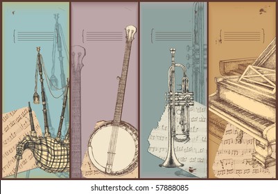 music theme banners - instruments drawing -bagpipe, banjo, trumpet, piano