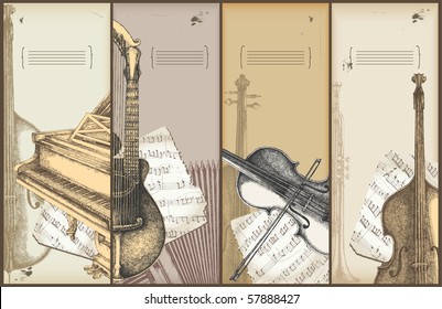 music theme banners - instruments drawing - piano, violin, bass, harp-guitar