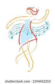 Tema musical con una bella bailarina. Expresivas ilustraciones estilizadas con líneas de arte de mujeres jóvenes bailando con notas musicales onduladas. imitación de un dibujo a mano. Vector disponible.