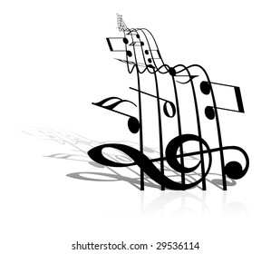 Music theme - black notes on white background with shadow and reflection