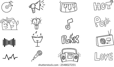 Music theme doddle set,Hand drawn sound scribble design collection pack,pop music editable icon, flat image related sound set.