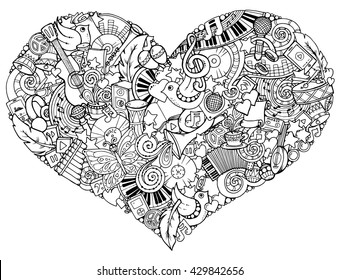 Music theme. Hand drawn music heart. Doodle heart with musical instruments. Made by trace from personal sketch. 