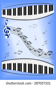 Music theme with notes, piano keyboard and treble clef. Vector background for musical leaflet, festival invitation or program. Eps 10 vector