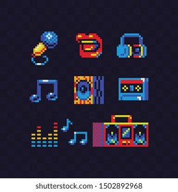 Music theme pixel art icons set. Microphone, audio cassette, headphones, tape recorder, notes and subwoofer. Isolated vector illustration. Retro video game sprite.