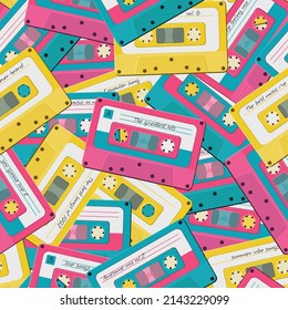 Music theme seamless pattern with audio cassettes. EPS 10 vector illustration. 