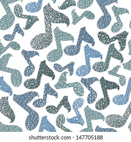 Music theme seamless pattern, musical notes repeating vector background, with hand drawn lines textures.