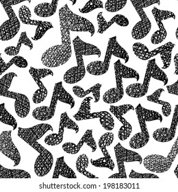 Music theme seamless pattern, musical notes repeating vector background, with hand drawn lines textures.