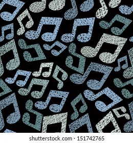 Music theme seamless pattern with notes, repeating vector background with hand drawn lines textures.