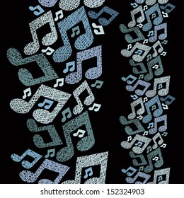Music theme seamless pattern with notes, vertical composition, repeating vector background with hand drawn lines textures.