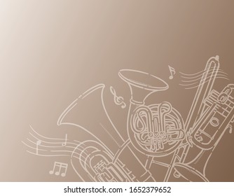 Music themed background with brass instruments. Vector illustration.