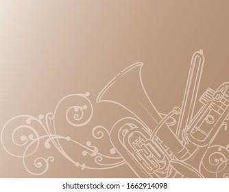 Music themed background with brass instruments. Vector illustration.