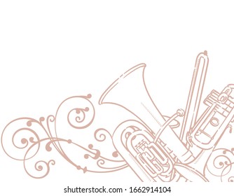 Music themed background with brass instruments. Vector illustration.