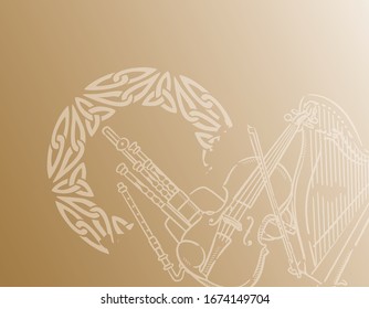 Music Themed Background With Celtic Instruments. Vector Illustration.