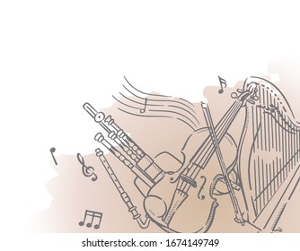 Music Themed Background With Celtic Instruments. Vector Illustration.