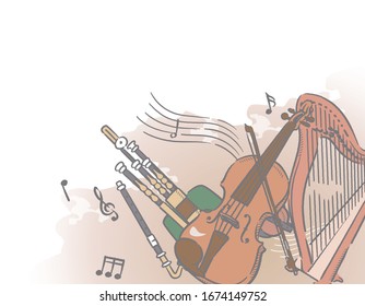 Music themed background with Celtic instruments. Vector illustration.