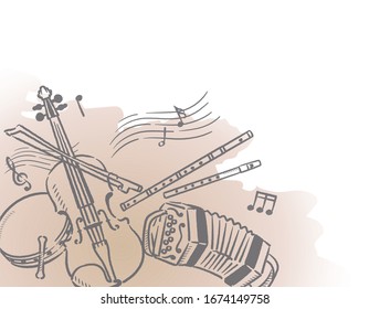 Music Themed Background With Celtic Instruments. Vector Illustration.