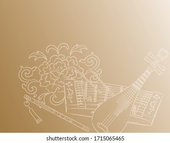 Music Themed Background With Chinese Musical Instruments And Peony Flower. Vector Illustration.