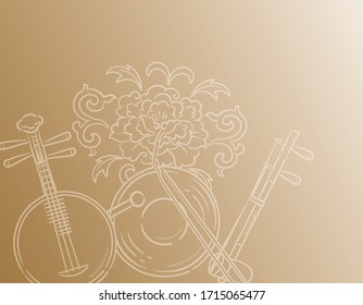 Music Themed Background With Chinese Musical Instruments And Peony Flower. Vector Illustration.