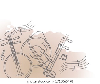 Music themed background with chinese musical instruments. Vector illustration.