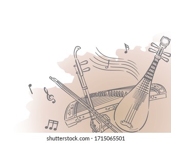 Music Themed Background With Chinese Musical Instruments. Vector Illustration.