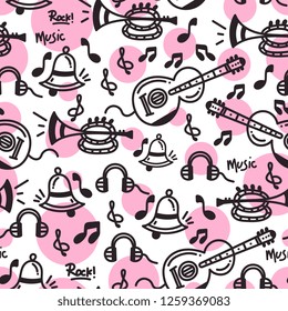 Music themed background with doodle images of guitar, note, headphones and bell