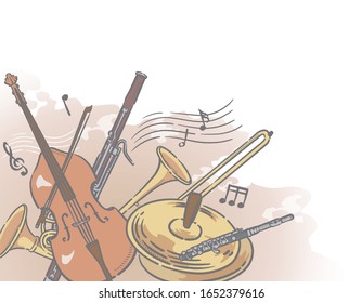 Music themed background with orchestra instruments. Vector illustration.