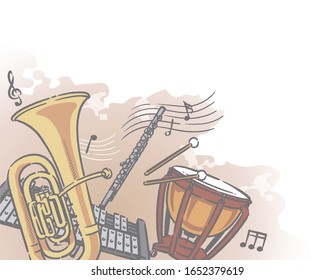 Music themed background with orchestra instruments. Vector illustration.