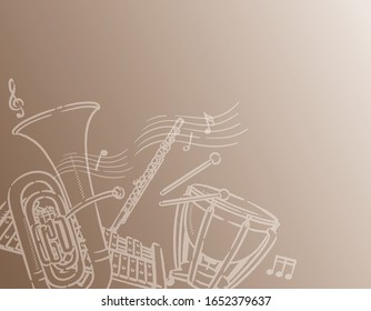 Music themed background with orchestra instruments. Vector illustration.