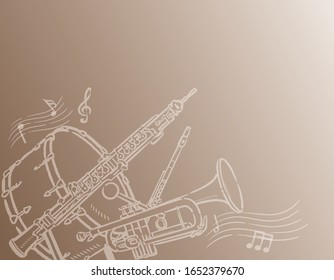 Music themed background with orchestra instruments. Vector illustration.