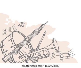 Musikthemenhintergrund mit Orchesterinstrumenten. Vektorillustration.
