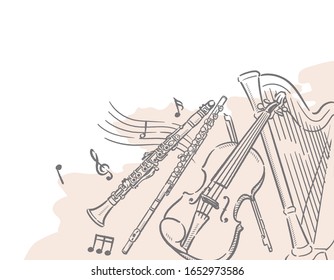 Music themed background with orchestra instruments. Vector illustration.