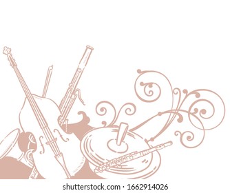 Music themed background with orchestra instruments. Vector illustration.