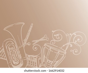 Music themed background with orchestra instruments. Vector illustration.