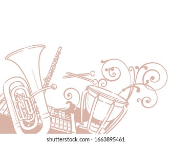 Music themed background with orchestra instruments. Vector illustration.