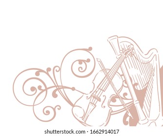 Music themed background with stringed instruments. Vector illustration.