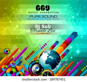Music Themed background to use for Disco Club Flyers with a lot of abstract design elements, high contrast colors and space for text