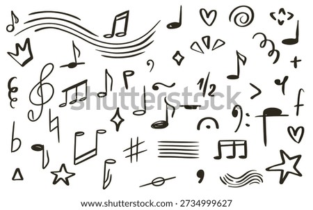 Music themed doodle set. Hand drawn ink icons of notes, scales, treble clef, symbols, and notations. Vector graphics