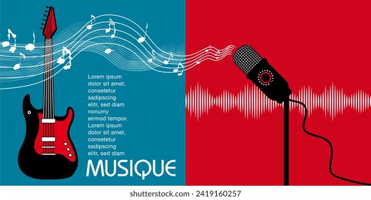 Music themed double page spread with an electric guitar, notes, microphone and musical diagram - red and blue background