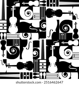 Music Themed Repeat Pattern Abstract Illustration. Violin, Strings and Musical Staves Vector Design. Pattern Background.