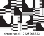 Music themed repeat pattern vector illustration. Monochromatic. Black and white piano keys. Music staves abstract background.
