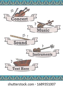 Music themed vector labels with Arabic instruments.