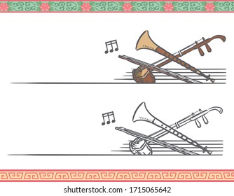 Music themed vector labels with chinese musical instruments.