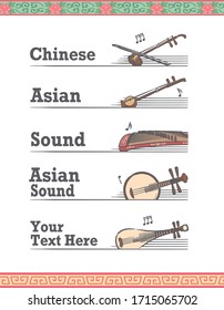 Music themed vector labels with chinese musical instruments.