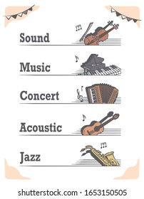 Music themed vector labels with musical instruments.